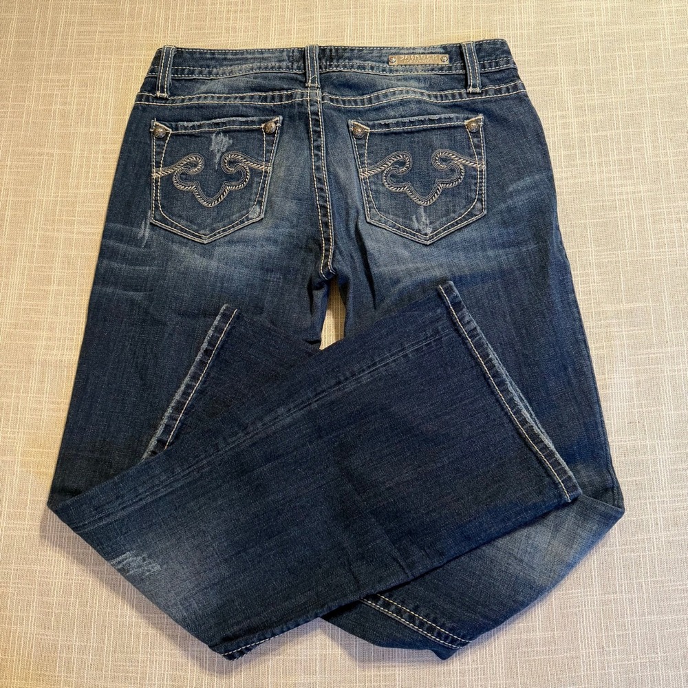 Rerock for Express Womens 6S Dark Wash Low Rise Bootcut Distressed Jeans 31x30